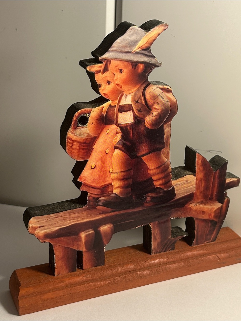 Vintage Wooden Standee Bavarian kids On Our Way German Folk Art cut out wood
